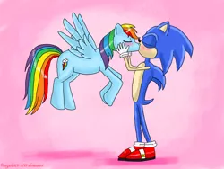 Size: 4000x3000 | Tagged: safe, artist:angela808, derpibooru import, rainbow dash, pony, crossover, crossover shipping, interspecies, kissing, male, shipping, sonic the hedgehog, sonic the hedgehog (series), sonicdash, straight