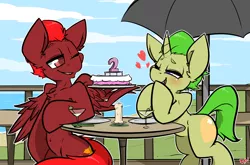 Size: 2000x1317 | Tagged: alcohol, artist:bbsartboutique, cake, derpibooru import, food, martini, oc, oc:golden heart, oc:storm flare, safe, unofficial characters only