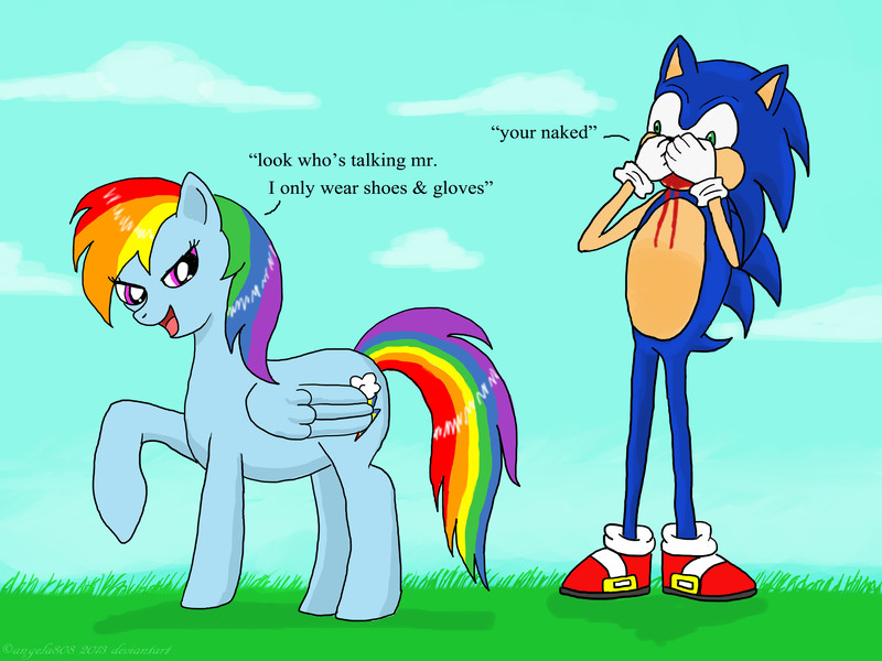 Size: 4000x3000 | Tagged: safe, artist:angela808, derpibooru import, rainbow dash, pony, absurd resolution, blood, crossover, interspecies, male, misspelling, nosebleed, shipping, sonic the hedgehog, sonic the hedgehog (series), sonicdash, straight, we don't normally wear clothes