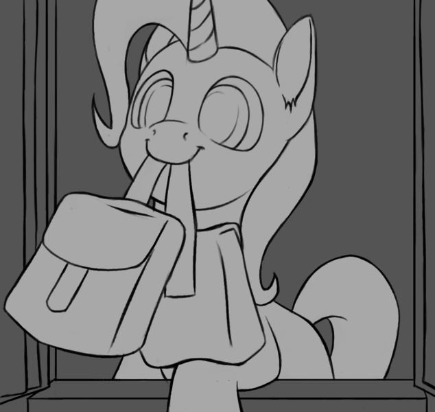 Size: 1142x1080 | Tagged: safe, artist:vistamage, derpibooru import, trixie, pony, unicorn, to where and back again, female, mare, monochrome, nom, scene interpretation, solo, to saddlebags and back again