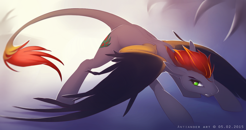 Size: 1280x675 | Tagged: artist:antiander, colored wings, derpibooru import, dracony, female, hybrid, leonine tail, looking back, mare, oc, safe, solo, spread wings, unofficial characters only, wings