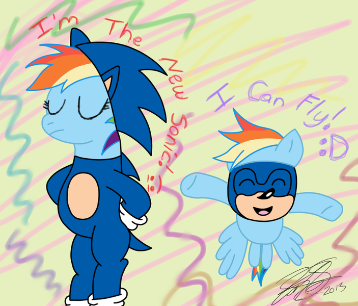 Size: 844x720 | Tagged: artist:iamthemanwithglasses, clothes, commission, cosplay, costume, crossover, derpibooru import, interspecies, male, rainbow dash, safe, shipping, sonicdash, sonic the hedgehog, sonic the hedgehog (series), straight