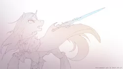 Size: 1280x720 | Tagged: safe, artist:antiander, derpibooru import, oc, unofficial characters only, pony, unicorn, armor, cloak, clothes, frostmourne, lineart, monochrome, raised hoof, solo, sword, weapon