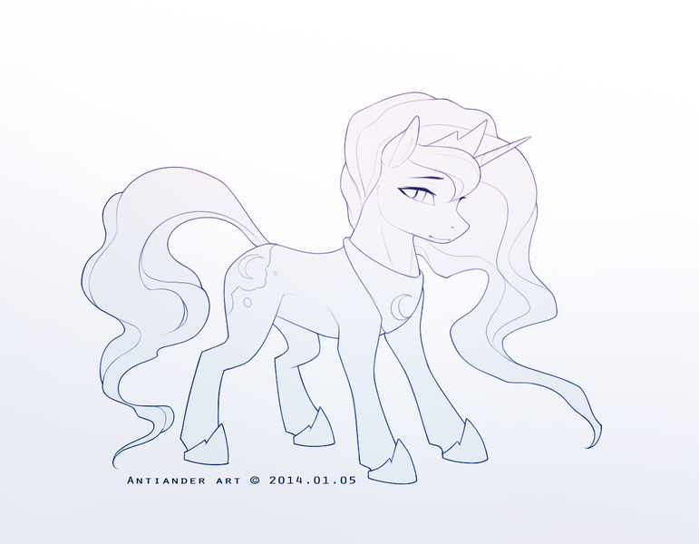 Size: 1181x919 | Tagged: source needed, safe, artist:antiander, derpibooru import, princess luna, pony, unicorn, lineart, looking at you, monochrome, solo, wip