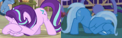 Size: 500x157 | Tagged: safe, derpibooru import, edit, edited screencap, screencap, starlight glimmer, trixie, pony, unicorn, to where and back again, animated, comparison, covering eyes, cowering, cropped, female, frightened, gif, mare, shivering
