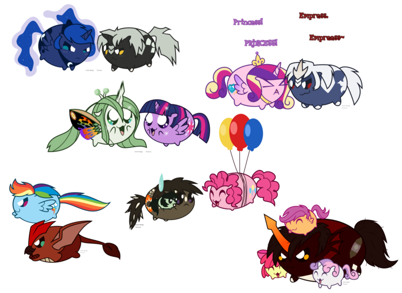 Size: 1582x1153 | Tagged: safe, artist:faith-wolff, derpibooru import, apple bloom, pinkie pie, princess cadance, princess luna, rainbow dash, scootaloo, sweetie belle, twilight sparkle, twilight sparkle (alicorn), oc, oc:gentle leaf, ponified, alicorn, kaiju pony, pony, fanfic:the bridge, anguirus, balloon, chubbie, chubby, crossover, cute, cutie mark crusaders, destoroyah, destoroyah (female), godzilla, godzilla (series), godzilla junior, kaiju changeling, kaiju griffon, mothra, mothra lea, rodan