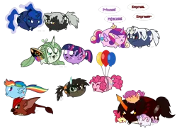 Size: 1582x1153 | Tagged: safe, artist:faith-wolff, derpibooru import, apple bloom, pinkie pie, princess cadance, princess luna, rainbow dash, scootaloo, sweetie belle, twilight sparkle, twilight sparkle (alicorn), oc, oc:gentle leaf, ponified, alicorn, kaiju pony, pony, fanfic:the bridge, anguirus, balloon, chubbie, chubby, crossover, cute, cutie mark crusaders, destoroyah, destoroyah (female), godzilla, godzilla (series), godzilla junior, kaiju changeling, kaiju griffon, mothra, mothra lea, rodan