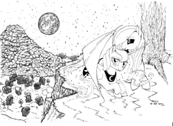 Size: 2338x1700 | Tagged: artist:aerthmanolo, black and white, derpibooru import, grayscale, lineart, monochrome, moon, oc, oc:sweet pen, princess luna, safe, stars, traditional art