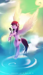 Size: 2679x4592 | Tagged: safe, artist:antiander, derpibooru import, oc, unofficial characters only, pegasus, pony, flying, microphone, singing, sky, solo, spread wings