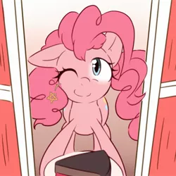 Size: 2057x2057 | Tagged: safe, artist:akainu_pony, derpibooru import, pinkie pie, earth pony, pony, the last roundup, cake, cute, diapinkes, female, food, gradient background, looking at you, mare, one eye closed, scene interpretation, smiling, solo, wink