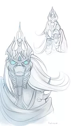 Size: 2000x3543 | Tagged: armor, arthas menethil, artist:antiander, cloak, clothes, crossover, derpibooru import, lich king, lineart, looking at you, monochrome, ponified, raised hoof, safe, source needed, warcraft, world of warcraft