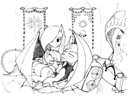 Size: 2084x1581 | Tagged: artist:aerthmanolo, derpibooru import, fireplace, lineart, monochrome, oc, oc:docvolt, oc:polaris, oc:sweet pen, safe, sleepover, traditional art, unofficial characters only