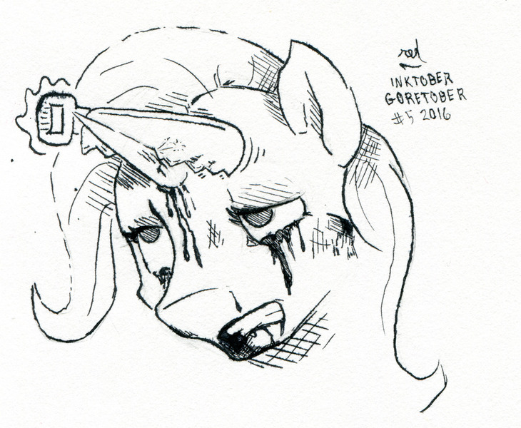 Size: 1280x1052 | Tagged: grimdark, artist:redcladhero, derpibooru import, trixie, pony, unicorn, amputation, black and white, crying, female, goretober, grayscale, inktober, mare, monochrome, pain, saw, traditional art