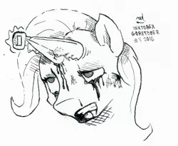 Size: 1280x1052 | Tagged: grimdark, artist:redcladhero, derpibooru import, trixie, pony, unicorn, amputation, black and white, crying, female, goretober, grayscale, inktober, mare, monochrome, pain, saw, traditional art