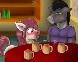 Size: 2000x1600 | Tagged: a drunk night with a donkey, anthro, artist:lazyfable, bar, blushing, cider, derpibooru import, mug, oc, oc:aeylinfaith, suggestive, unofficial characters only