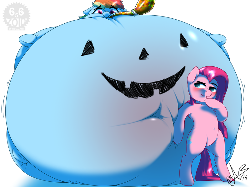 Size: 2000x1500 | Tagged: questionable, artist:frimbobbar, derpibooru import, pinkie pie, rainbow dash, pony, belly, belly button, big belly, bipedal, bodypaint, candy, fat, feeding tube, food, force feeding, immobile, impossibly large belly, inflation, jack-o-lantern, morbidly obese, obese, pinkamena diane pie, rainblob dash, stuffing, weight gain