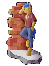 Size: 3786x5100 | Tagged: absurd resolution, against wall, anthro, artist:strachattack, bored, brick wall, clothes, commission, derpibooru import, hoodie, oc, oc:excalibur, pants, raised leg, safe, solo, tired, unguligrade anthro, unofficial characters only