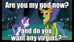 Size: 1920x1080 | Tagged: safe, derpibooru import, edit, edited screencap, screencap, starlight glimmer, thorax, changedling, changeling, pony, unicorn, to where and back again, black bars, caption, changeling king, female, i am your god now bring me your virgins, image macro, king thorax, male, mare, meme
