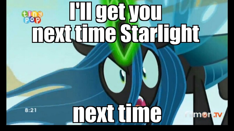 Size: 1920x1080 | Tagged: changeling, changeling queen, derpibooru import, doctor claw, edit, edited screencap, female, image macro, inspector gadget, meme, queen chrysalis, safe, screencap, solo, to where and back again