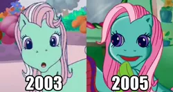 Size: 600x320 | Tagged: safe, derpibooru import, screencap, minty, pony, a charming birthday, a very minty christmas, comparison, cropped, faic, g3, solo, uncanny valley