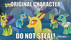 Size: 800x454 | Tagged: changedling, changeling, clypeus, cornicle, derpibooru import, do not steal, donut steel, edit, edited screencap, floppy ears, flying, frown, image macro, looking back, meme, meta, open mouth, raised hoof, safe, screencap, spread wings, tiny pop, to where and back again, wings