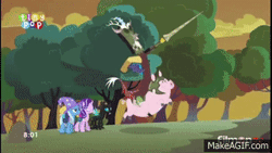Size: 320x180 | Tagged: safe, derpibooru import, screencap, discord, starlight glimmer, thorax, trixie, changeling, flying pig, pig, pony, unicorn, to where and back again, animated, female, finger snap, flying, gif, makeagif.com, mare, plan there is no plan, reformed four, spread wings, tiny pop