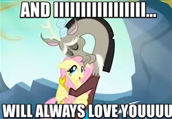 Size: 695x485 | Tagged: safe, derpibooru import, edit, edited screencap, screencap, discord, fluttershy, to where and back again, cute, discoshy, discute, dolly parton, hug, i will always love you, image macro, male, meme, nuzzling, reunion, shipping, shipping fuel, shyabetes, song reference, straight, the bodyguard, whitney houston