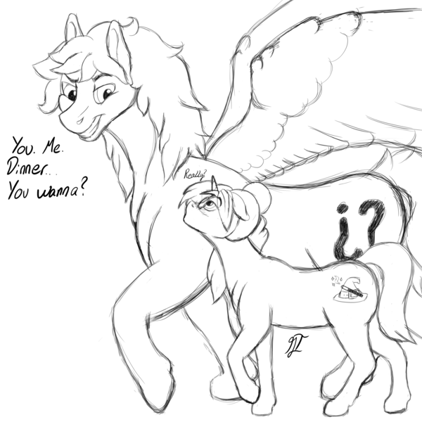 Size: 2500x2500 | Tagged: safe, artist:gabriel-titanfeather, derpibooru import, oc, oc:gabriel titanfeather, oc:gypsy love, oc:patches, unofficial characters only, pegasus, pony, unicorn, dialogue, digital art, female, impossibly large wings, male, mare, monochrome, propositioning, shipping, size difference, sketch, smirk, stallion, straight, walking