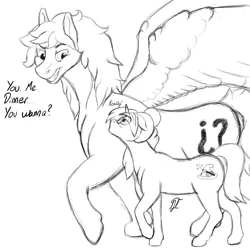 Size: 2500x2500 | Tagged: safe, artist:gabriel-titanfeather, derpibooru import, oc, oc:gabriel titanfeather, oc:gypsy love, oc:patches, unofficial characters only, pegasus, pony, unicorn, dialogue, digital art, female, impossibly large wings, male, mare, monochrome, propositioning, shipping, size difference, sketch, smirk, stallion, straight, walking