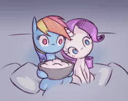 Size: 813x640 | Tagged: safe, artist:raridashdoodles, derpibooru import, rainbow dash, rarity, pegasus, pony, unicorn, bowl, female, food, hoof hold, lesbian, pillow, popcorn, raridash, shipping, sitting