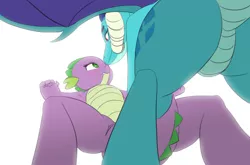 Size: 1325x872 | Tagged: artist:carnifex, barb, boop, derpibooru import, dragon, embarb, emberspike, featureless crotch, female, half r63 shipping, lesbian, looking at each other, male, noseboop, princess ember, princess embutt, rule 63, shipping, simple background, spike, suggestive