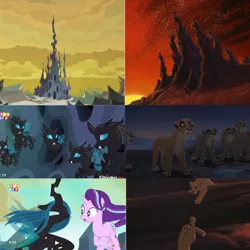 Size: 1000x999 | Tagged: safe, derpibooru import, edit, edited screencap, screencap, queen chrysalis, starlight glimmer, big cat, changeling, changeling queen, lion, unicorn, to where and back again, changeling hive, comparison, female, hive, lioness, mare, the lion king