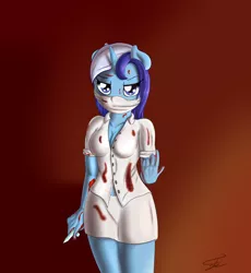 Size: 2300x2500 | Tagged: anthro, artist:fluttair, blood, breasts, cleavage, clothes, derpibooru import, female, minuette, nurse outfit, shirt, skirt, solo, solo female, suggestive, surgical mask, syringe