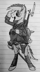 Size: 1446x2560 | Tagged: artist:coolumbus, bayonet, clothes, cute, derpibooru import, gas mask, grayscale, gun, handgun, lined paper, monochrome, pickelhaube, pistol, rifle, safe, soldier, solo, standing, sword, this will end in tears and/or death, traditional art, uniform, weapon, world war i