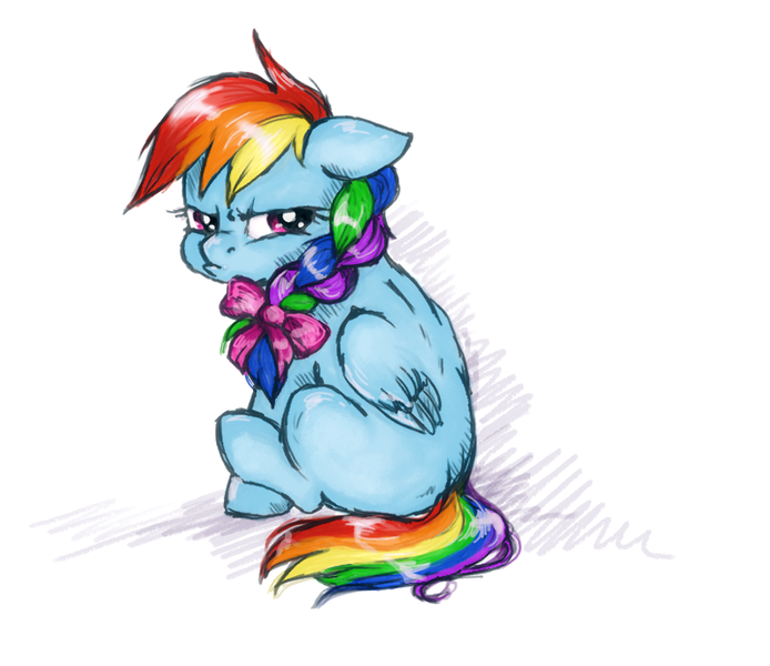 Size: 794x686 | Tagged: safe, artist:buttersprinkle, derpibooru import, rainbow dash, alternate hairstyle, bow, braid, cute, dashabetes, filly, filly rainbow dash, girly, grumpy, hair bow, pouting, sitting, solo, younger