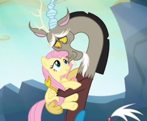 Size: 565x467 | Tagged: safe, derpibooru import, screencap, discord, fluttershy, draconequus, pony, to where and back again, cropped, cute, discute, female, hug, male, mare, shipping fuel