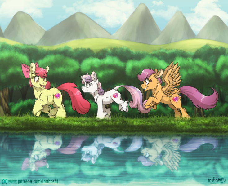 Size: 1024x836 | Tagged: apple bloom, artist:inuhoshi-to-darkpen, classical unicorn, cloud, cutie mark crusaders, derpibooru import, feathered fetlocks, fluffy, leonine tail, mountain, patreon, patreon logo, raised hoof, reflection, river, running, safe, scenery, scootaloo, signature, sky, sweetie belle, the cmc's cutie marks, unshorn fetlocks