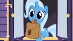 Size: 1920x1080 | Tagged: safe, derpibooru import, edit, edited screencap, screencap, trixie, pony, unicorn, to where and back again, bag, curtains, cute, diatrixes, female, mare, mouth hold, saddle bag, solo, to saddlebags and back again, trixie's wagon, window