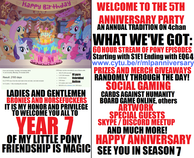 Size: 1600x1302 | Tagged: anniversary, applejack, birthday, brony, cake, derpibooru import, fluttershy, food, mane six, /mlp/, /mlp/arty, party, pinkie pie, rainbow dash, rarity, safe, twilight sparkle, vulgar