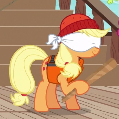 Size: 412x412 | Tagged: safe, derpibooru import, screencap, applejack, earth pony, pony, ppov, blindfold, cropped, female, holding, lifejacket, mare, smiling, solo, stick