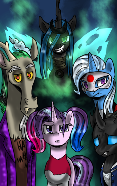 Size: 887x1400 | Tagged: safe, artist:not-ordinary-pony, derpibooru import, discord, queen chrysalis, starlight glimmer, thorax, trixie, changeling, changeling queen, pony, unicorn, to where and back again, crossover, deadshot, el diablo, female, harley quinn, jokercord, mare, reformed four, suicide squad, the joker