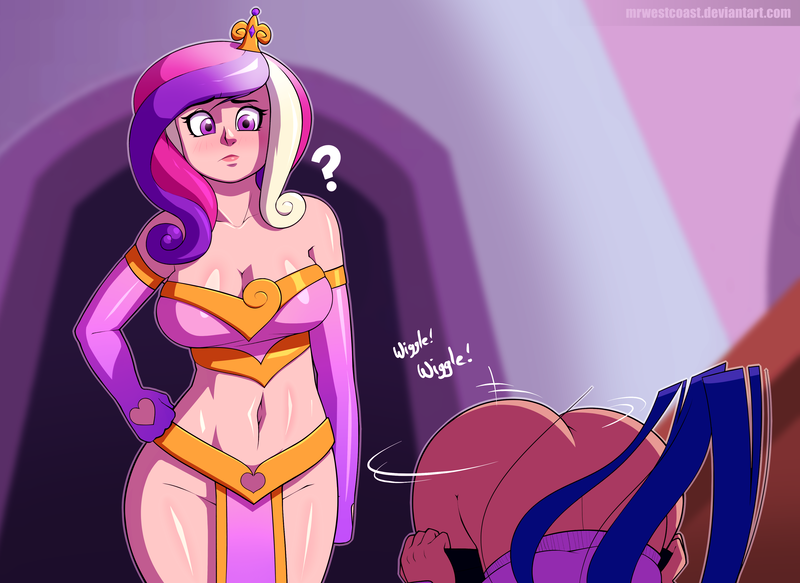 Size: 3887x2835 | Tagged: a canterlot wedding, artist:mrw32, ass, belly button, blushing, breasts, busty princess cadance, butt shake, cleavage, clothes, dark skin, derpibooru import, disguise, duo, fake cadance, female, females only, human, humanized, loincloth, midriff, mooning, nudity, pants, pants down, princess cadance, queen chrysalis, questionable, question mark, scene interpretation, sunshine sunshine, the ass was fat, twibutt, twilight sparkle, wiggle