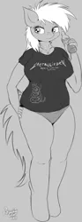 Size: 712x1920 | Tagged: alcohol, anthro, artist:brownieclop, beer, big breasts, breasts, clothes, derpibooru import, female, grayscale, metallica, monochrome, oc, oc:brownie whitepainter, panties, solo, solo female, suggestive, underwear, unofficial characters only, wide hips