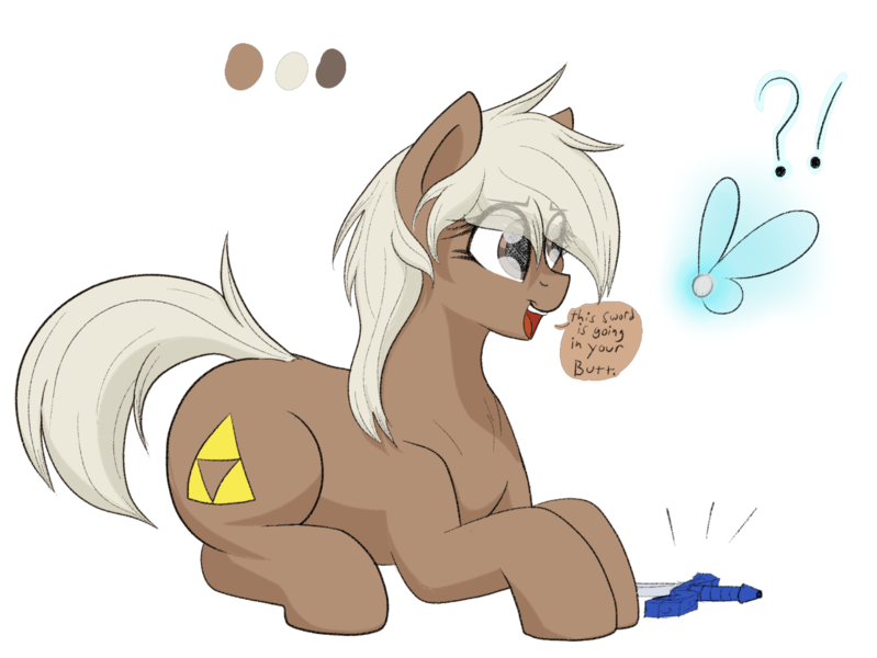 Size: 1280x961 | Tagged: suggestive, artist:codras, derpibooru import, ponified, earth pony, fairy, pony, crossover, dialogue, epona, exclamation point, female, interrobang, mare, navi, question mark, simple background, solo, sword, the legend of zelda, transparent background, weapon