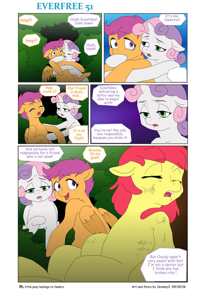 Size: 5784x8176 | Tagged: safe, artist:jeremy3, derpibooru import, apple bloom, scootaloo, sweetie belle, pony, comic:everfree, absurd resolution, comic, crying, cutie mark crusaders, injured