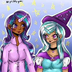 Size: 2800x2800 | Tagged: safe, artist:mylittleyuri, derpibooru import, starlight glimmer, trixie, human, dark skin, female, horned humanization, humanized, lesbian, shipping, startrix