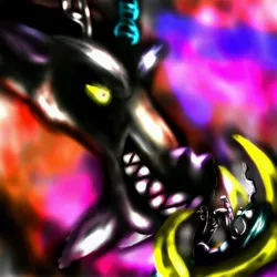 Size: 5000x5000 | Tagged: absurd resolution, abuse, artist:billyggruff, chaos, chrysabuse, claw, derpibooru import, discord, glowing eyes, grin, lord of chaos, punish the villain, queen chrysalis, safe, size difference, smiling, to where and back again