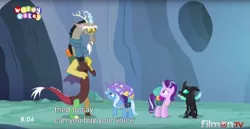 Size: 1895x975 | Tagged: safe, derpibooru import, screencap, discord, starlight glimmer, thorax, trixie, changeling, pony, unicorn, to where and back again, female, mare, meme, reformed four, youtube caption
