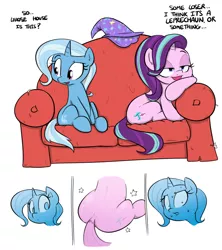 Size: 854x960 | Tagged: safe, artist:shoutingisfun, derpibooru import, starlight glimmer, trixie, pony, unicorn, :o, anon's couch, comic, couch, cute, diatrixes, eyes on the prize, female, glimmer glutes, glimmerbetes, implied anon, implied startrix, leaning, lesbian, lidded eyes, lip bite, mare, open mouth, plot, shipping, simple background, sitting, slice of life, smiling, startrix, stupid sexy starlight glimmer, sweat, the ass was fat, trixie's cape, trixie's hat, white background, wide eyes