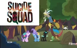 Size: 1721x1080 | Tagged: safe, derpibooru import, edit, edited screencap, screencap, discord, starlight glimmer, thorax, trixie, changeling, pony, unicorn, to where and back again, female, mare, reformed four, suicide squad